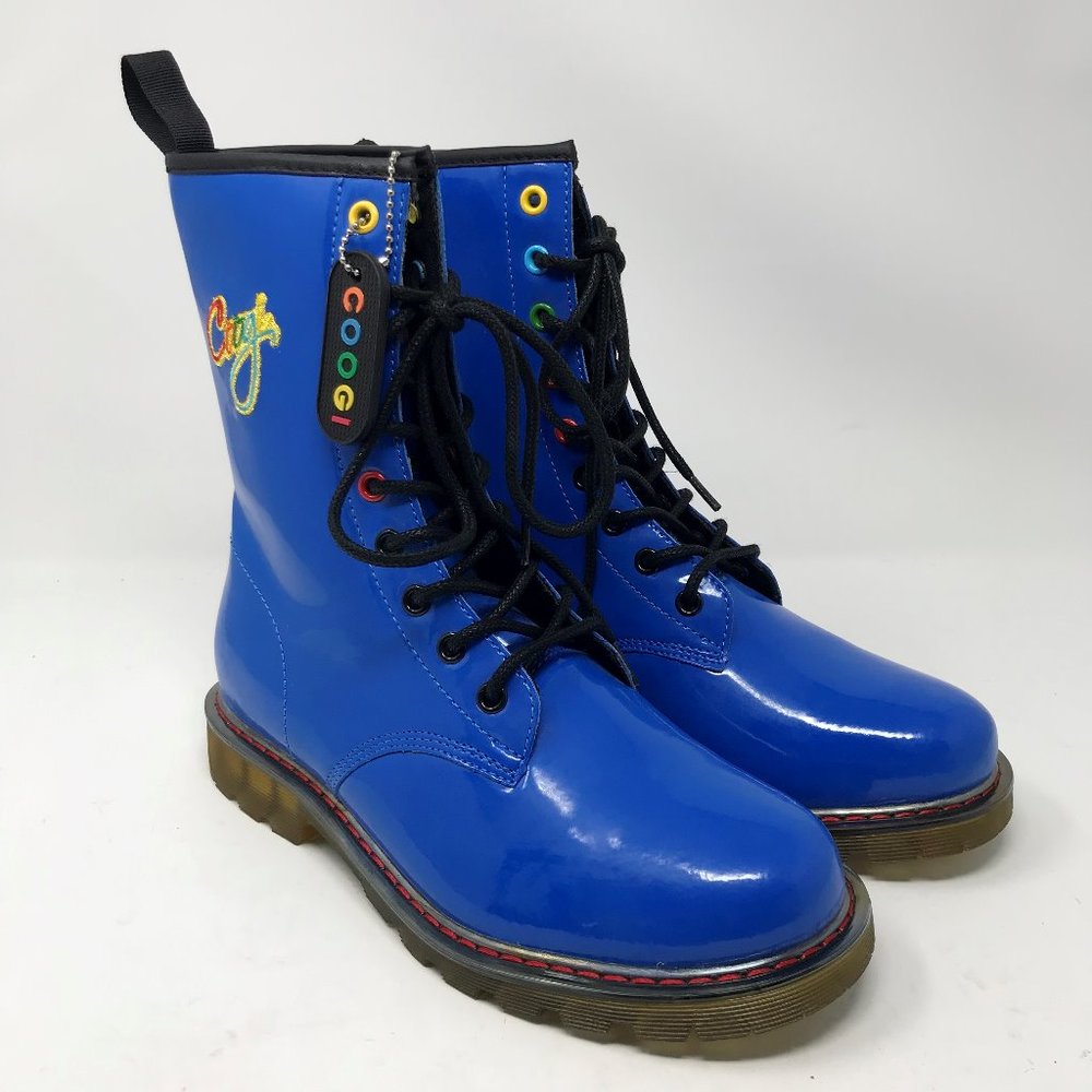 Coogi sz 8 Boots Patent Leather Doc Military Rain Lace Up Blue Waffle Sole